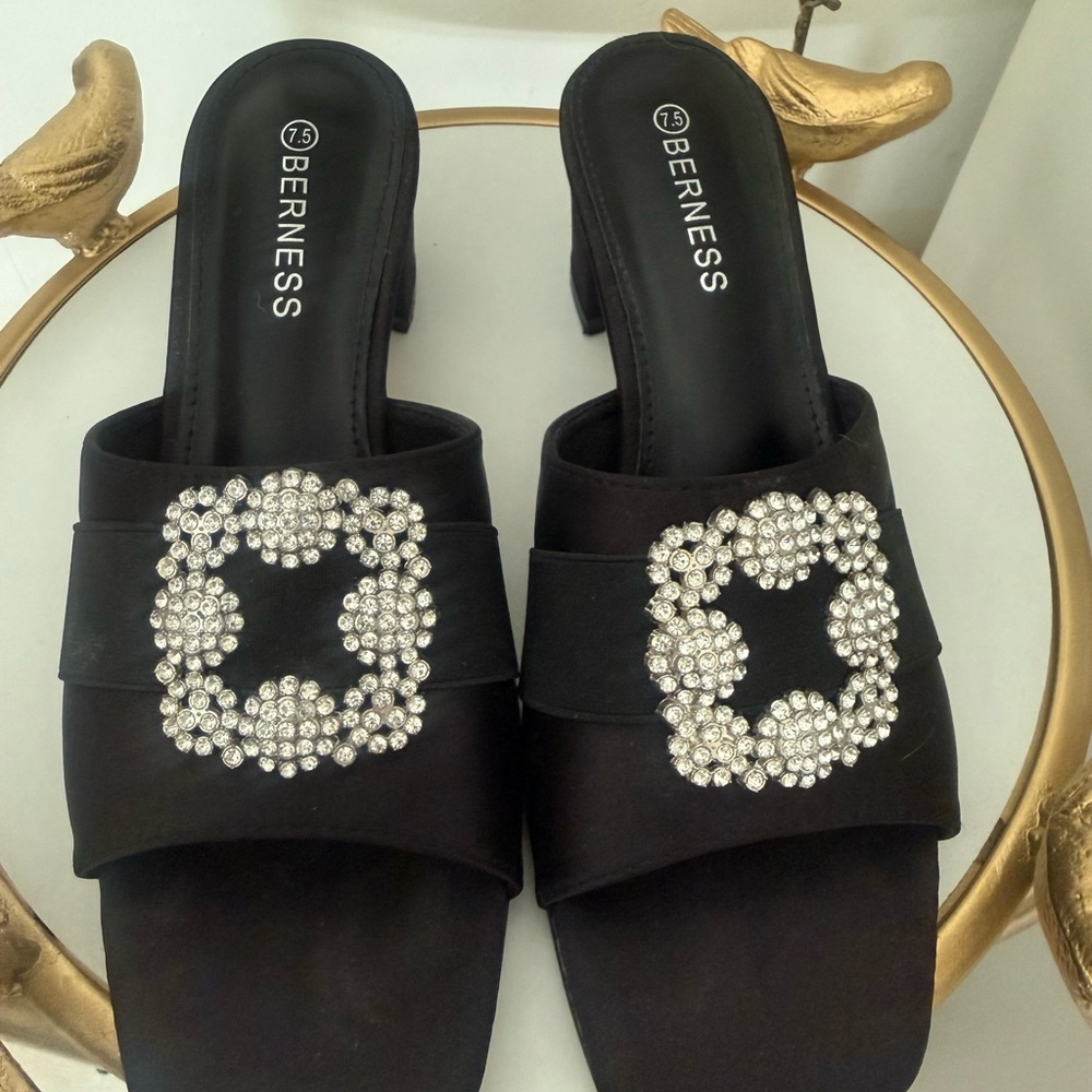 Black Rhinestone Chunky Heels